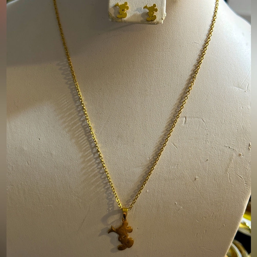 Stainless Steel Gold tone Mickey Mouse Necklace and Earring Set